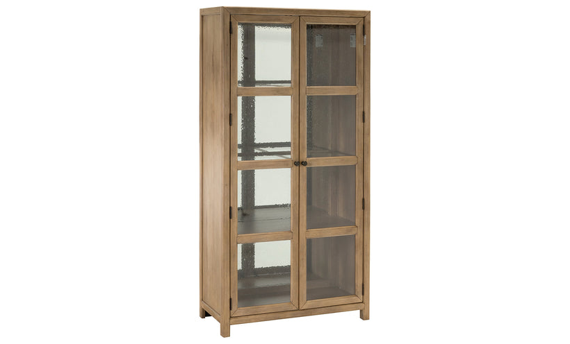 Wooden display cabinet with glass doors on a white background